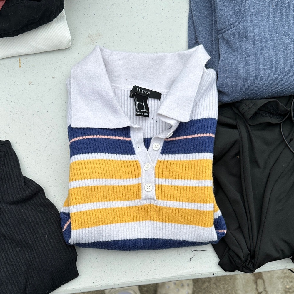 Forever 21 Striped Button Down Shirt - White, Blue, Yellow